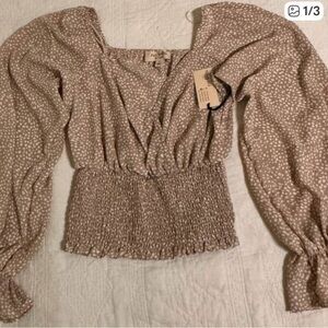 Polka Dot Smocked Blouse - Tan